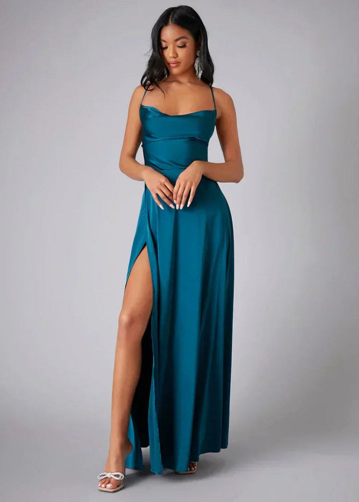 Claire | Women's Satin Maxi Gown with High Slit - Roze