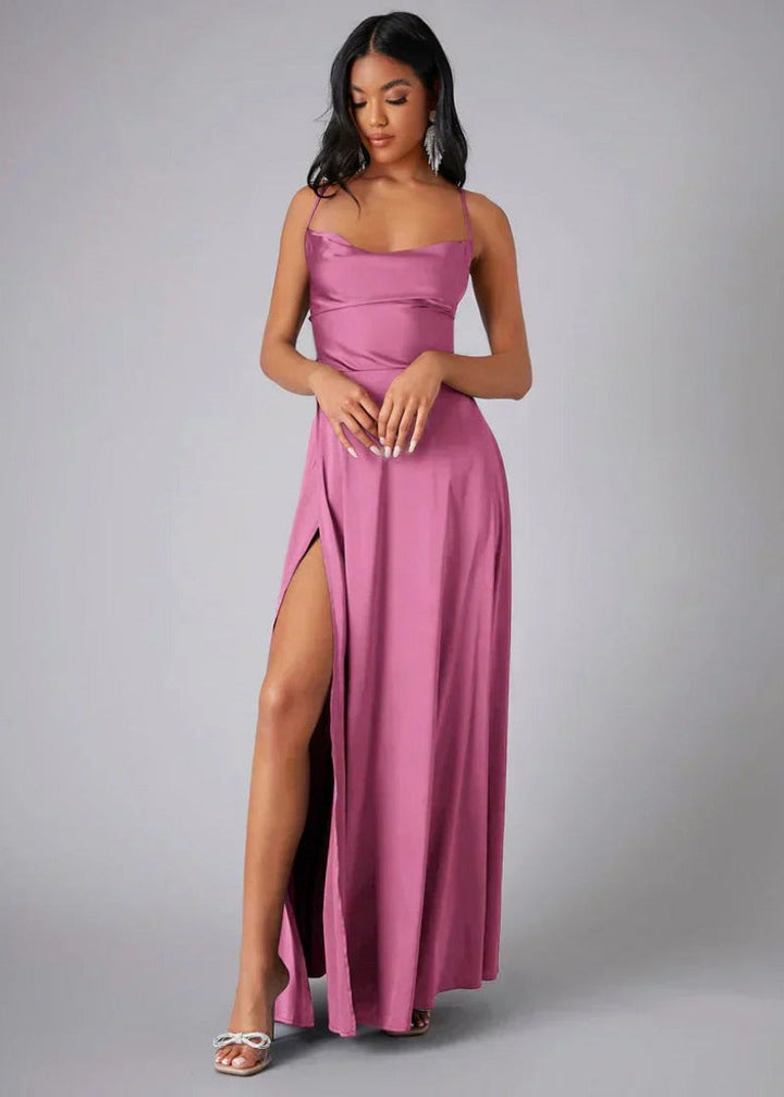 Claire | Women's Satin Maxi Gown with High Slit - Zwart
