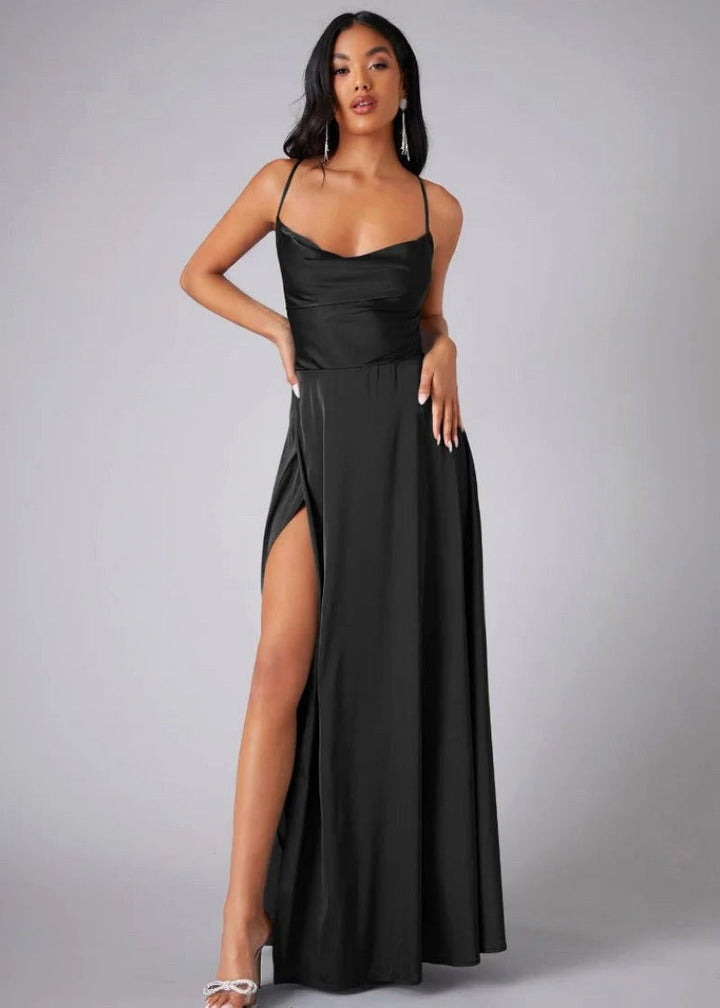 Claire | Women's Satin Maxi Gown with High Slit - Wit