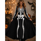 Claire | Women's Skeleton Print Maxi Dress, A-Line Floor-Length Dress | Animated Apparel | White