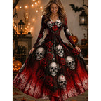 Claire | Women's Skeleton Print Maxi Dress, A-Line Floor-Length Dress | Animated Apparel | Wine