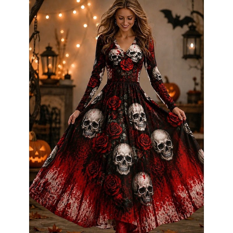 Claire | Women's Skeleton Print Maxi Dress, A-Line Floor-Length Dress | Animated Apparel | Wine