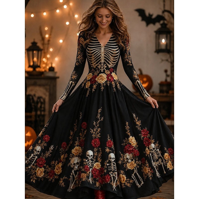 Claire | Women's Skeleton Print Maxi Dress, A-Line Floor-Length Dress | Animated Apparel | Black