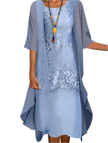 Clara | Women's Sheer Sleeve Flowing Midi Dress - Blue