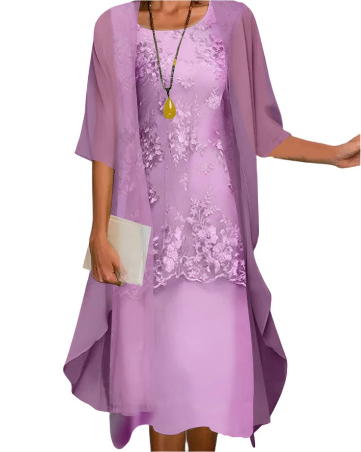 Clara | Women's Sheer Sleeve Flowing Midi Dress - Purple