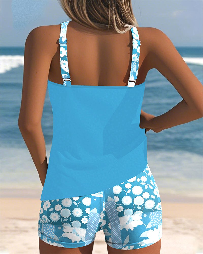 Clarissa | Women's Floral Tankini Swimsuit with Racerback - Blue
