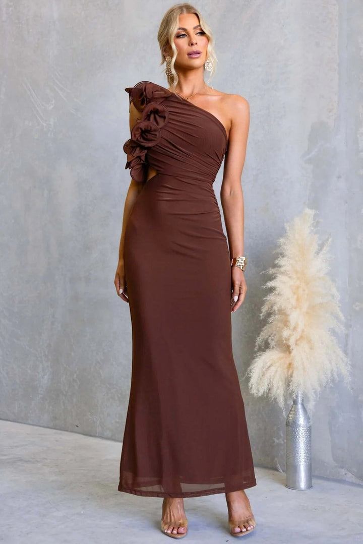 Claudine | Women's One-Shoulder Maxi Dress with Ruffled Detail, Fitted Evening Dress | Animated Apparel | Burgundy