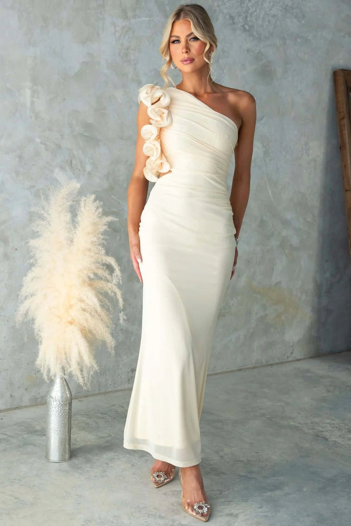 Claudine | Women's One-Shoulder Maxi Dress with Ruffled Detail, Fitted Evening Dress | Animated Apparel