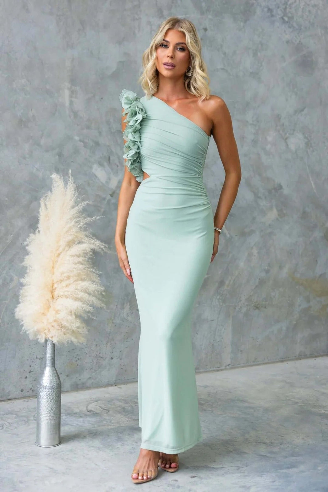 Claudine | Women's One-Shoulder Maxi Dress with Ruffled Detail, Fitted Evening Dress | Animated Apparel