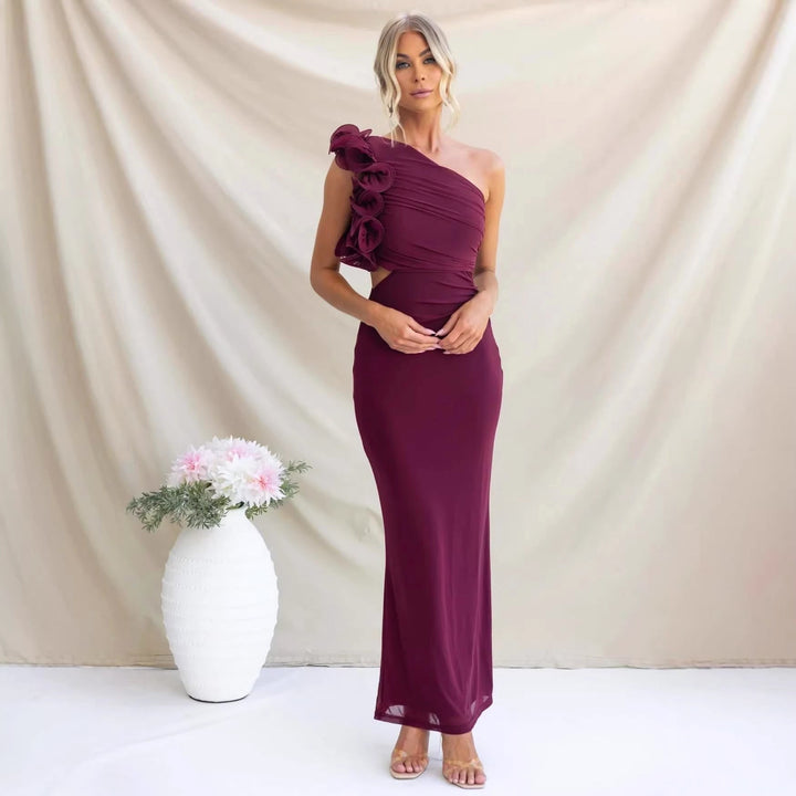 Claudine | Women's One-Shoulder Maxi Dress with Ruffled Detail, Fitted Evening Dress | Animated Apparel | Black