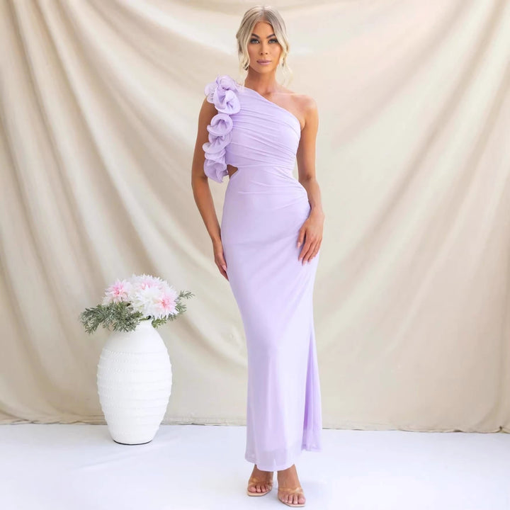 Claudine | Women's One-Shoulder Maxi Dress with Ruffled Detail, Fitted Evening Dress | Animated Apparel | Sky Blue