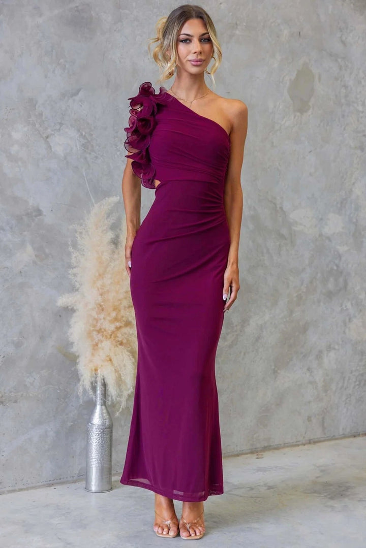 Claudine | Women's One-Shoulder Maxi Dress with Ruffled Detail, Fitted Evening Dress | Animated Apparel | Coffee