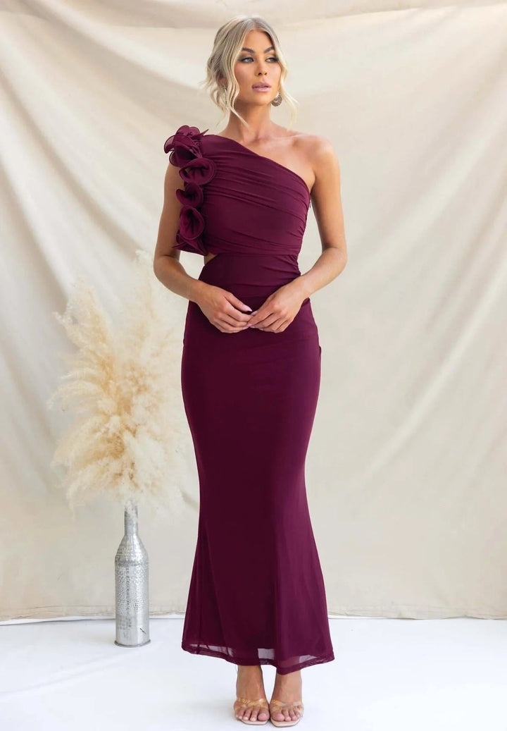 Claudine | Women's One-Shoulder Maxi Dress with Ruffled Detail, Fitted Evening Dress | Animated Apparel | Light Yellow