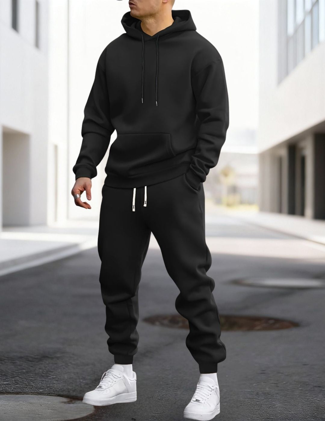 Clive | Men's Hooded Loungewear Set with Joggers, Comfortable Two-Piece Set | Animated Apparel | Zwart