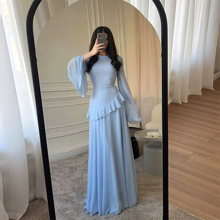 Colette | Women's Tiered Maxi Dress with Bell Sleeves, Formal Wedding Guest Dress | Animated Apparel | Light Blue