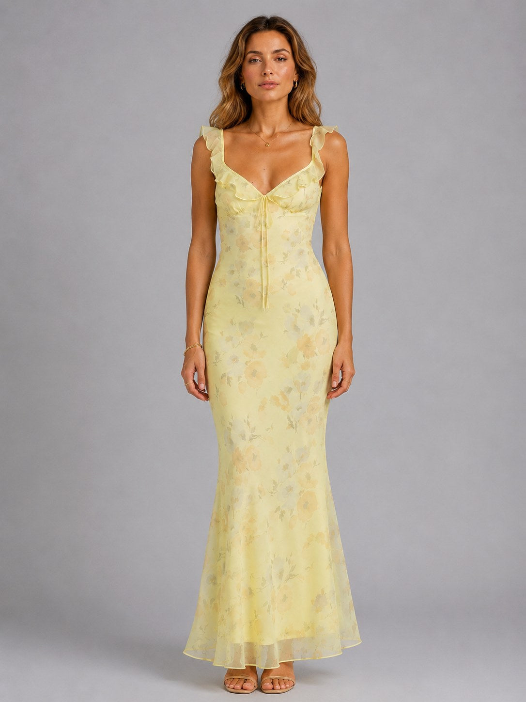 Connie | Women's Floral Maxi Dress with Ruffle Straps, Summer Evening Dress | Animated Apparel | Yellow