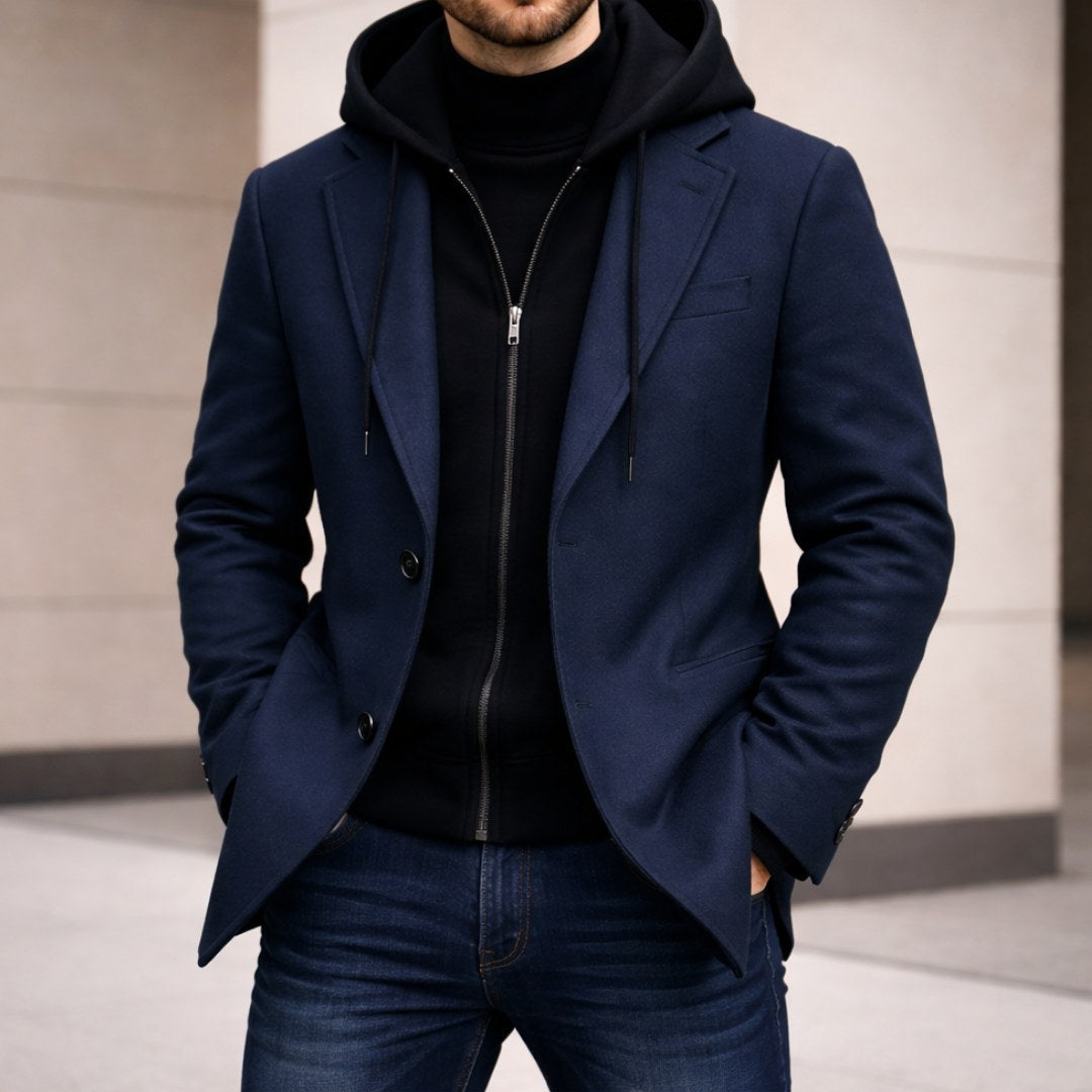 Connor | Men's Tailored Double-Layer Coat, Structured Wool-Blend Coat | Animated Apparel | Navy Blue