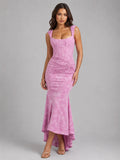 Cora | Women's Floral Corset Maxi Dress, Asymmetrical Hem Maxi Dress | Animated Apparel | Pink