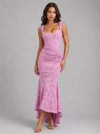 Cora | Women's Floral Corset Maxi Dress, Asymmetrical Hem Maxi Dress | Animated Apparel | Pink