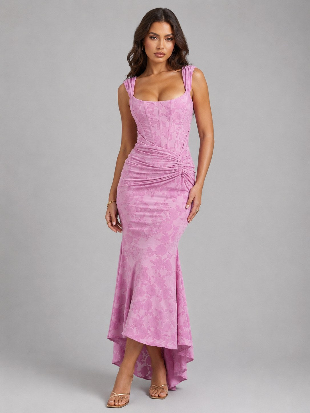 Cora | Women's Floral Corset Maxi Dress, Asymmetrical Hem Maxi Dress | Animated Apparel | Pink
