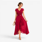 Delilah | Women's Lace Midi Dress, Burgundy V-Neck Occasion Dress | Animated Apparel