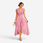 Delilah | Women's Lace Midi Dress, Burgundy V-Neck Occasion Dress | Animated Apparel