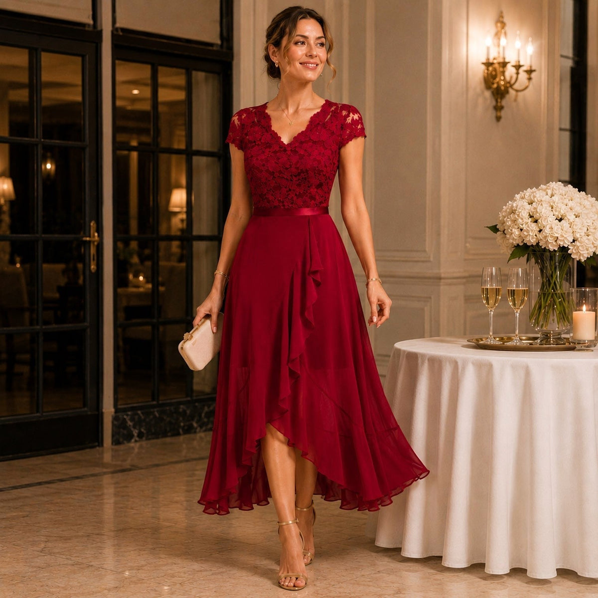 Delilah | Women's Lace Midi Dress, Burgundy V-Neck Occasion Dress | Animated Apparel