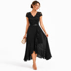 Delilah | Women's Lace Midi Dress, Burgundy V-Neck Occasion Dress | Animated Apparel