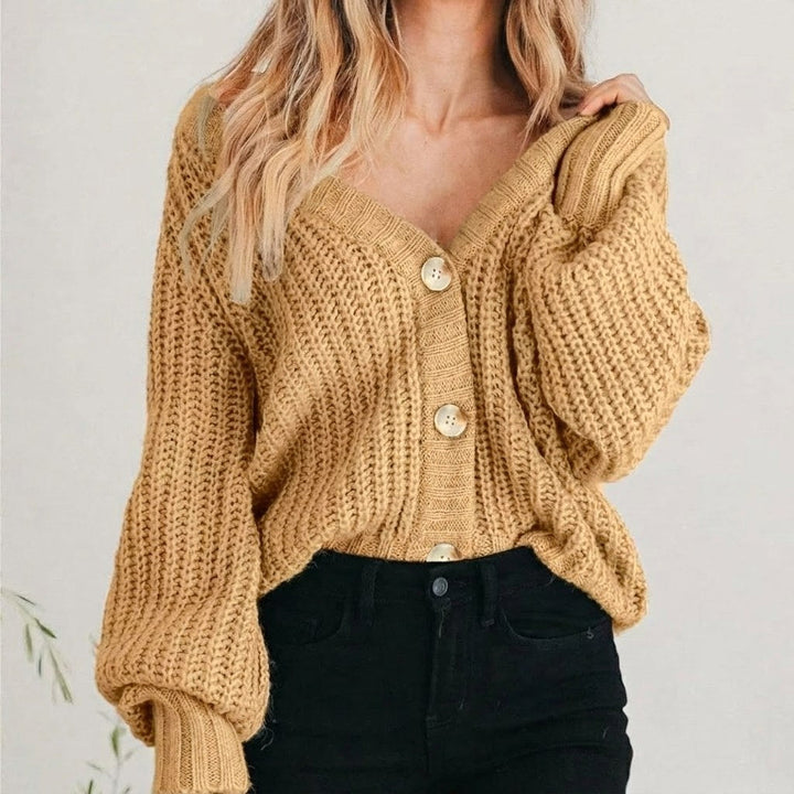 Coralie | Women's Oversized Chunky Cardigan, V-Neck Balloon Sleeve Knit | Animated Apparel | Khaki