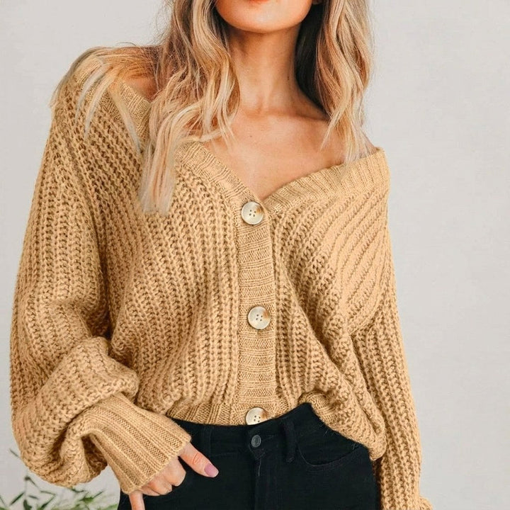 Coralie | Women's Oversized Chunky Cardigan, V-Neck Balloon Sleeve Knit | Animated Apparel | Beige
