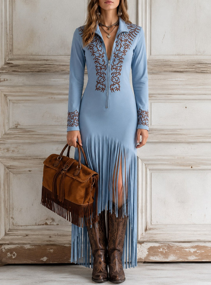 Dakota | Women's Western Fringe Maxi Dress - Light Blue