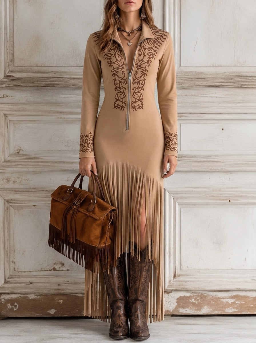 Dakota | Women's Western Fringe Maxi Dress - Light Brown