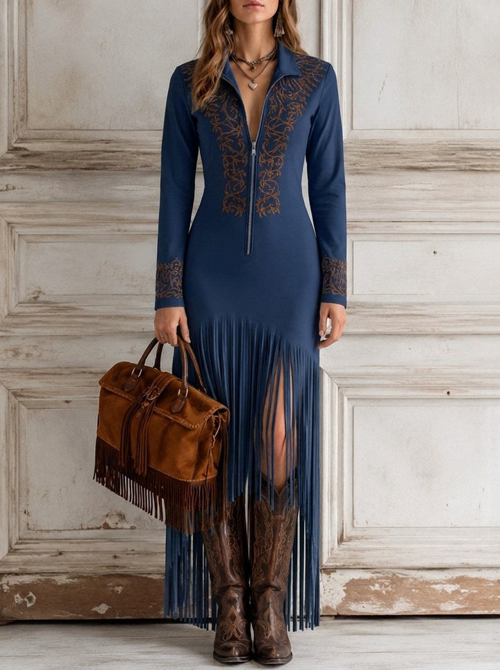 Dakota | Women's Western Fringe Maxi Dress - Navy Blue