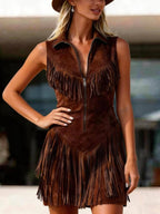 Dakota | Women's Western Fringe Suede Romper - Blue