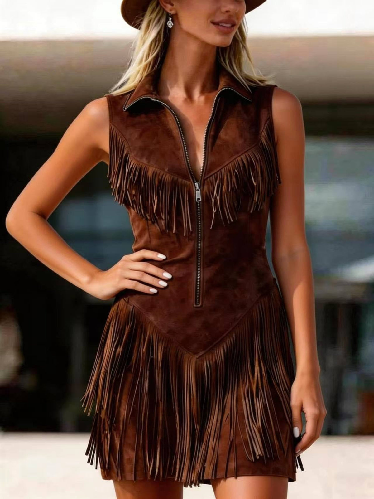 Dakota | Women's Western Fringe Suede Romper - Blue