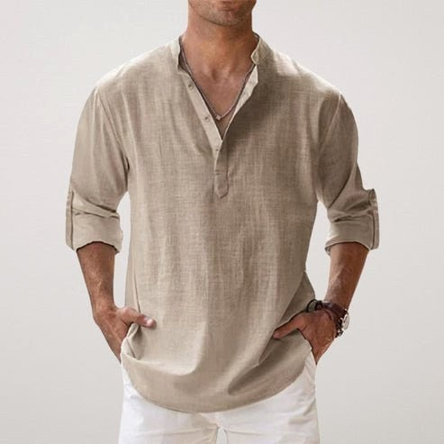 Daniel | Men's Relaxed Linen Shirt with Long Sleeves, Rolled-Cuff Summer Shirt | Animated Apparel | Khaki