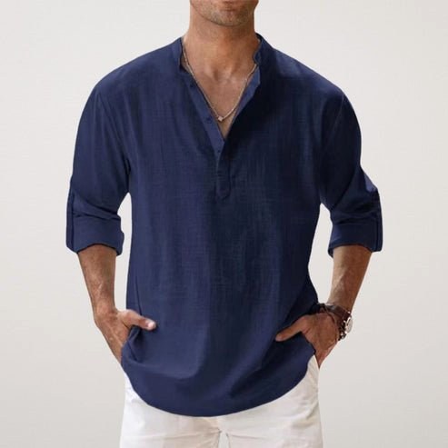 Daniel | Men's Relaxed Linen Shirt with Long Sleeves, Rolled-Cuff Summer Shirt | Animated Apparel | Navy