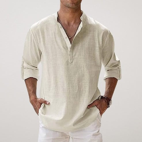 Daniel | Men's Relaxed Linen Shirt with Long Sleeves, Rolled-Cuff Summer Shirt | Animated Apparel | Beige