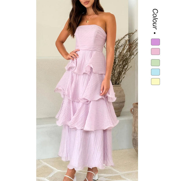 Danielle | Women's Strapless Tiered Maxi Dress, Ruffle Wedding Guest Dress | Animated Apparel | Pink