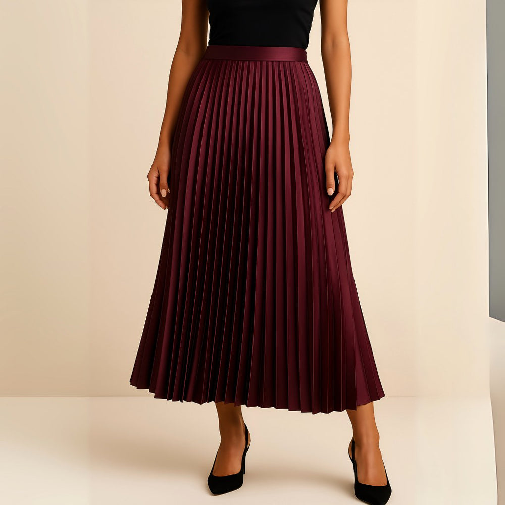 Daphne | Women's Satin Pleated High-Waist Skirt - Gray