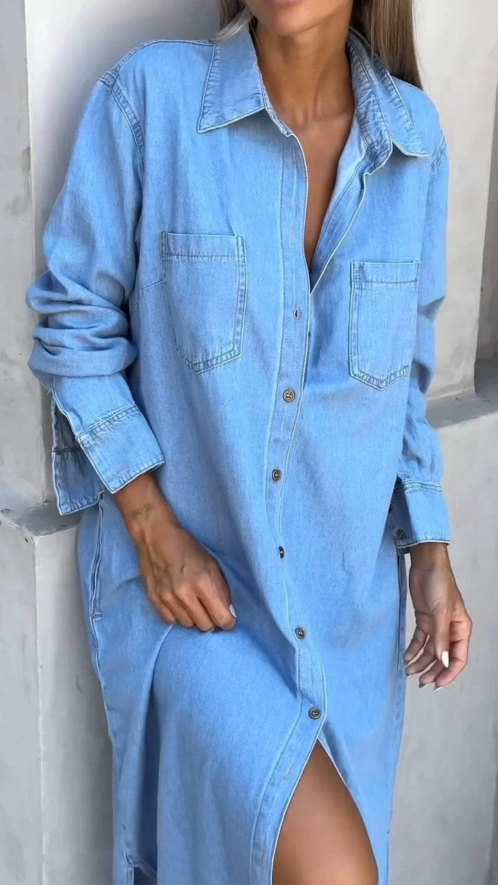 Delana | Women's Casual Button Down Dress - Blue