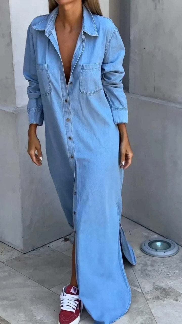 Delana | Women's Casual Button Down Dress - Dark Blue