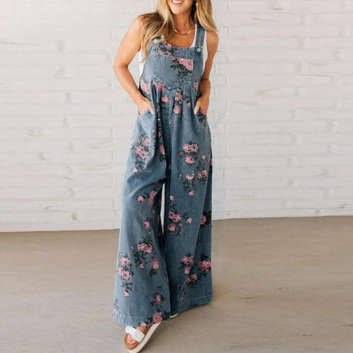 Delaney | Women's Handmade Cotton Jumpsuit - Denim with flowers