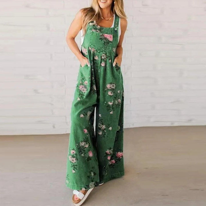Delaney | Women's Handmade Cotton Jumpsuit - Green with flowers