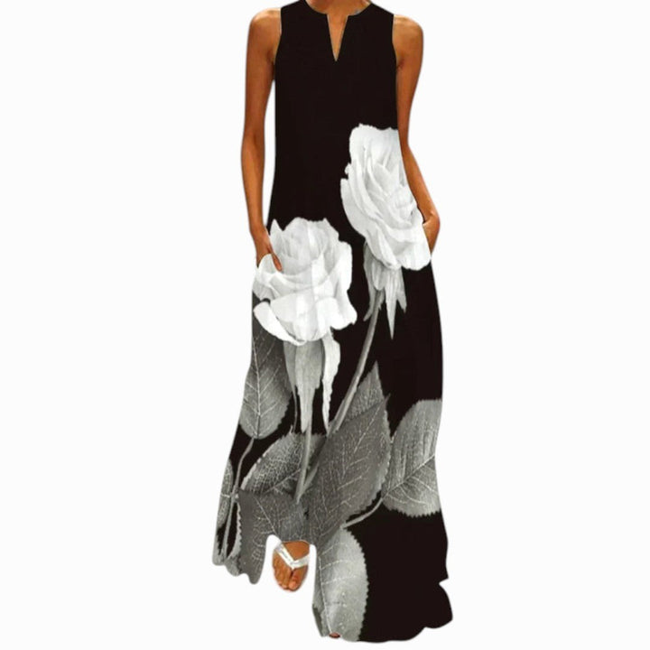 Delilah | Women's Open Neckline Maxi Dress - Black | White Floral