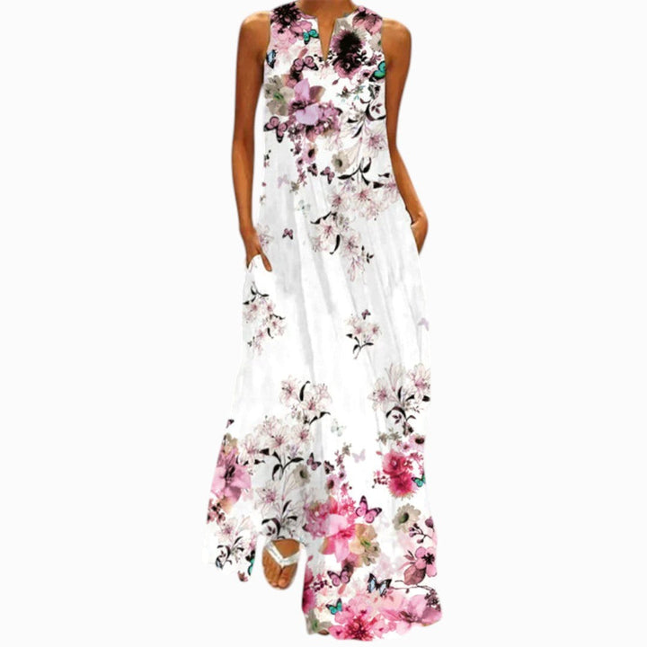 Delilah | Women's Open Neckline Maxi Dress - White | Pink Floral