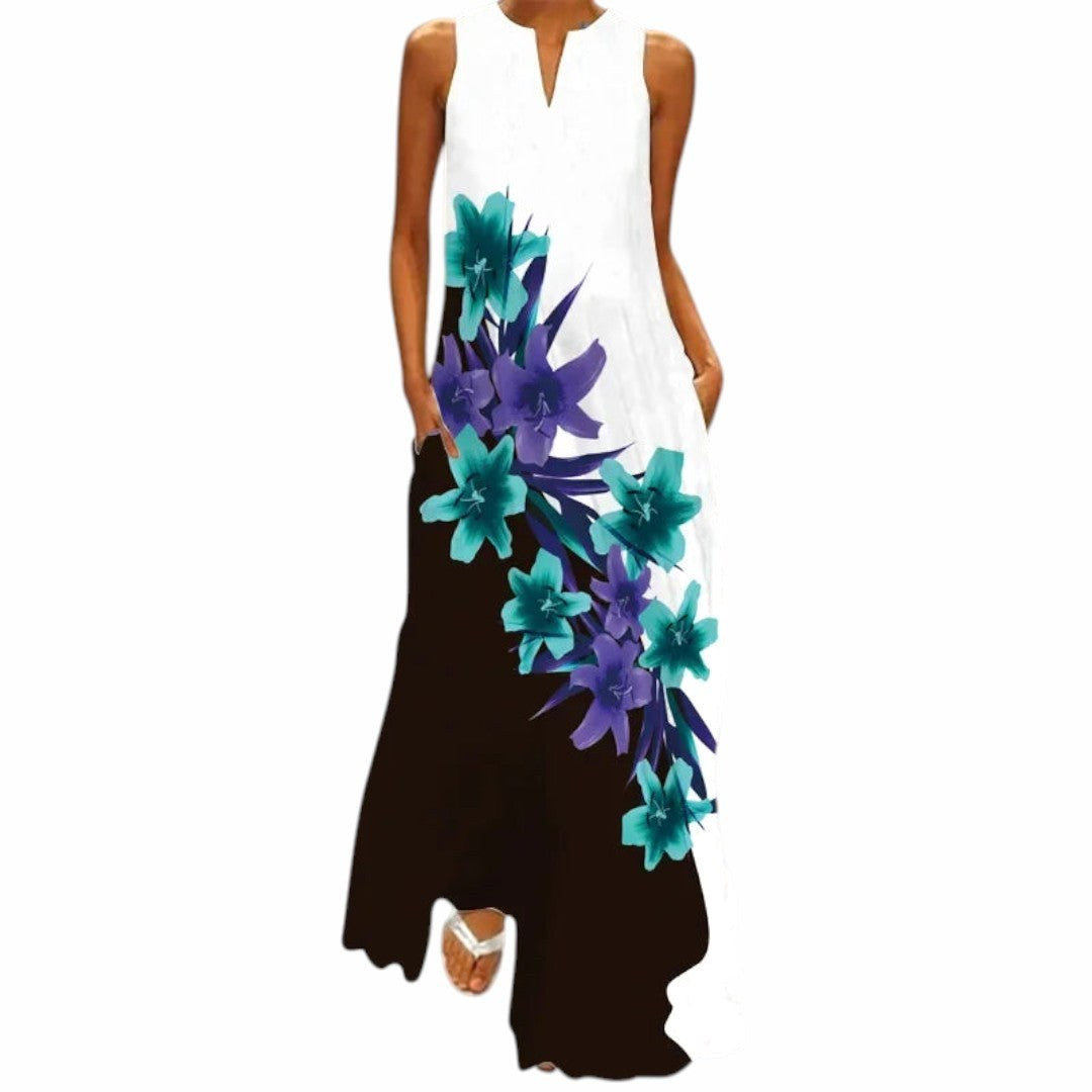 Delilah | Women's Open Neckline Maxi Dress - White | Blue Floral