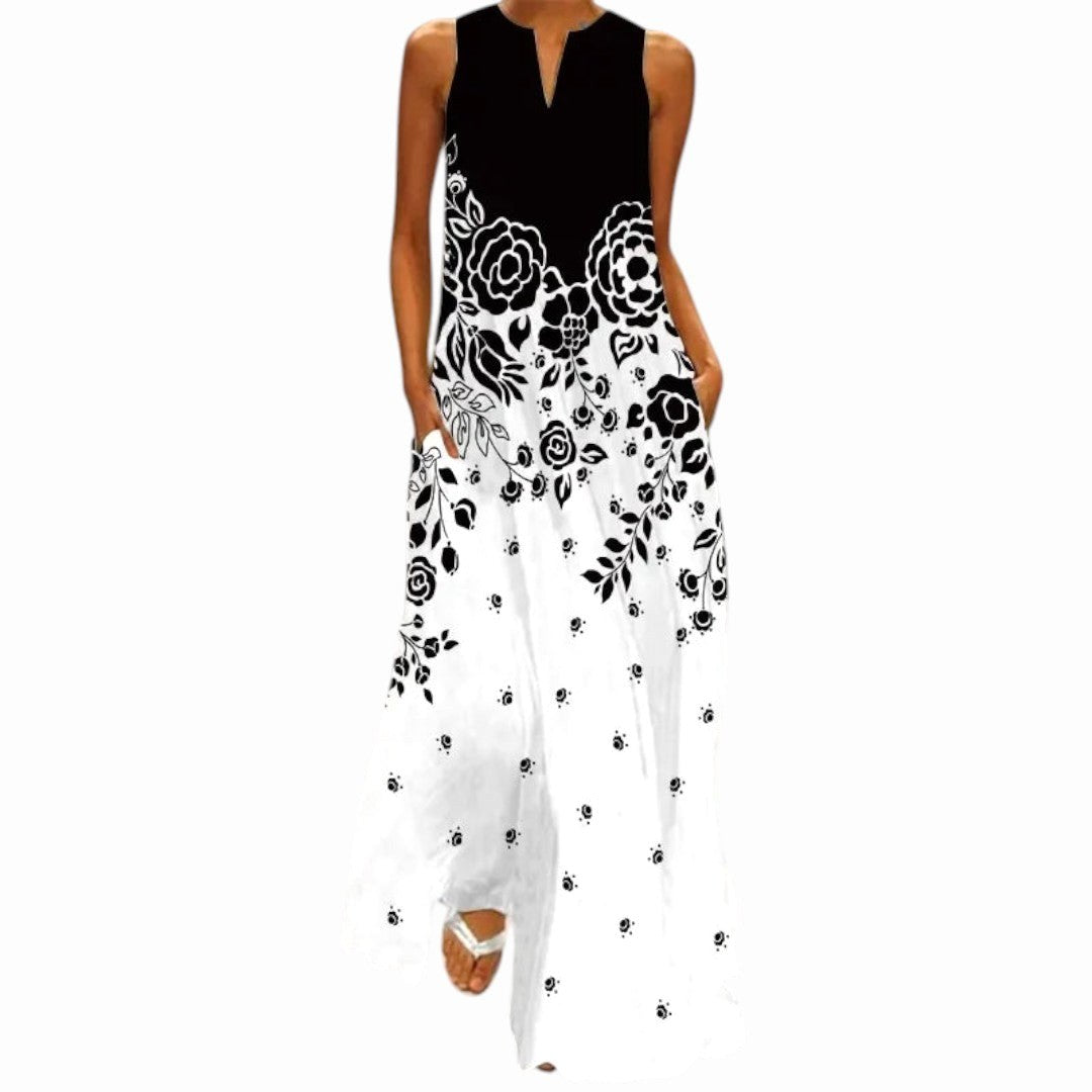 Delilah | Women's Open Neckline Maxi Dress - Black/White | Floral