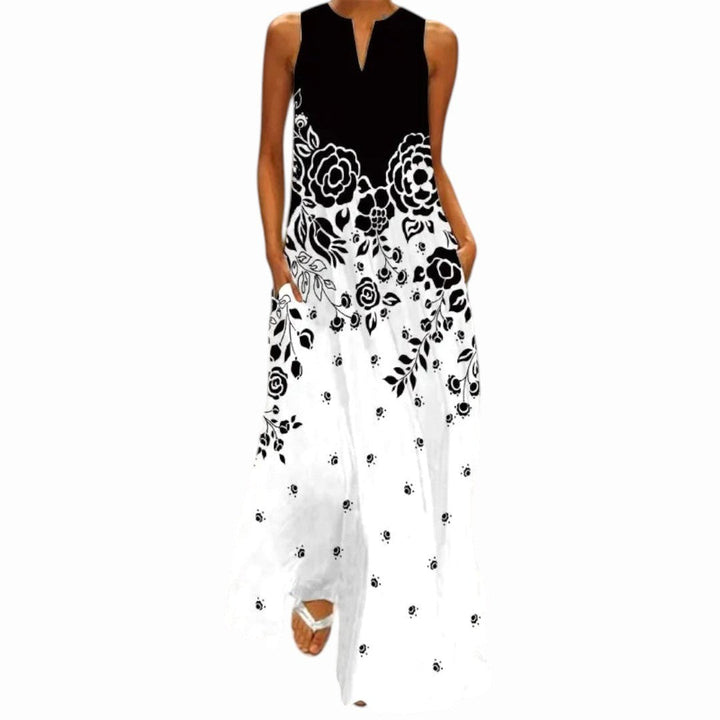 Delilah | Women's Open Neckline Maxi Dress - Black/White | Floral