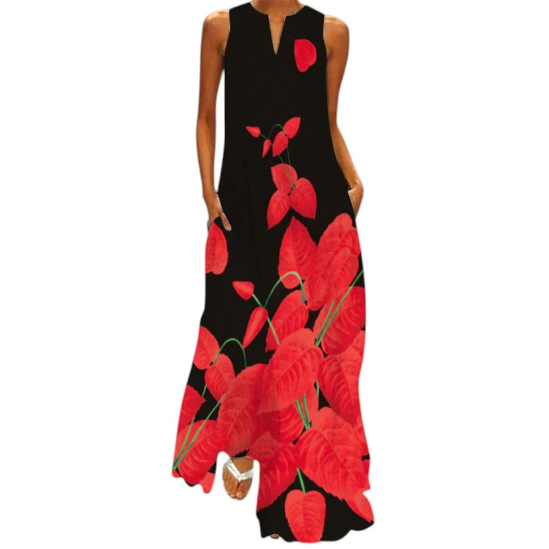Delilah | Women's Open Neckline Maxi Dress - Black | Red Leaves